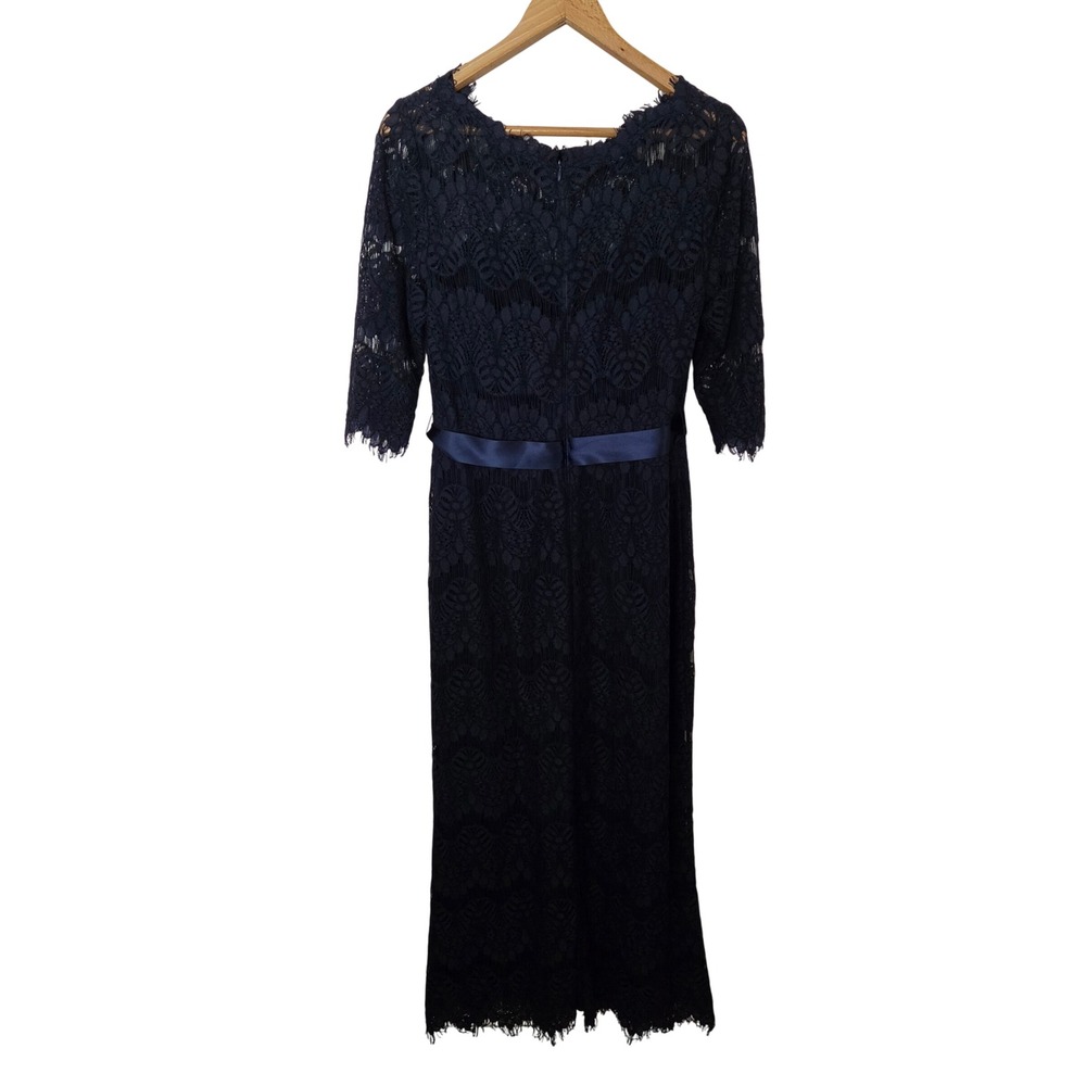 Xscape Navy Blue Floral Lace Maxi Dress Sz 10 Eyelash Trim Ribbon Belt Formal